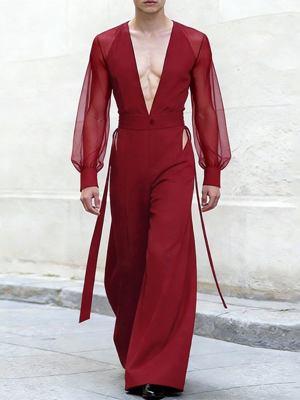 Men's Ribbon Design Sheer Mesh Long Sleeve Jumpsuit SKUL53285