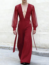 Men's Ribbon Design Sheer Mesh Long Sleeve Jumpsuit SKUL53285