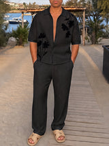 [Pre-order] Men's Bohemian Chic City Walk Camp Collar Flower Applique Knit Two Pieces Outfit SKUL88400