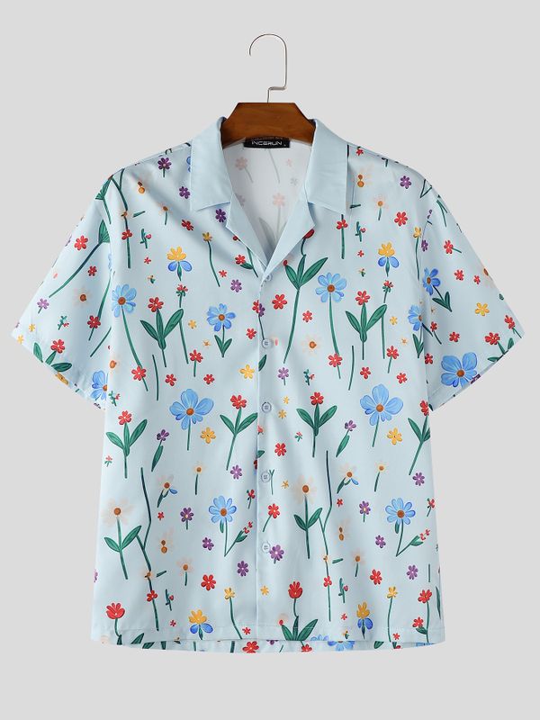 Men's Vintage Holiday Floral Print Camp Collar Short Sleeve Shirt SKUL73591