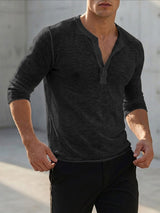 Men's Smart Casual Textured Long-Sleeve Henley Placket T-shirt SKUL78030