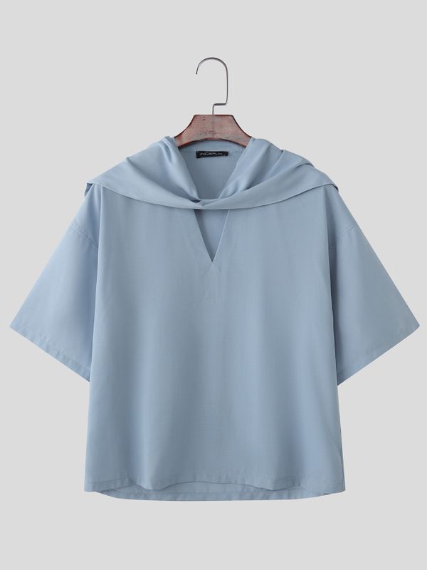 Men's Elegant Resort Draped Scarf Slit V Neck Dropped Shoulder Short Sleeve T-shirt SKUL60198