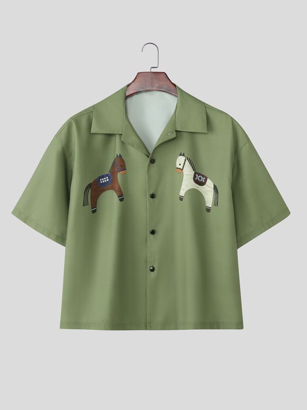 Men's Avant-Garde Horse Print Cropped Boxy Short Sleeve Shirt SKUL54391