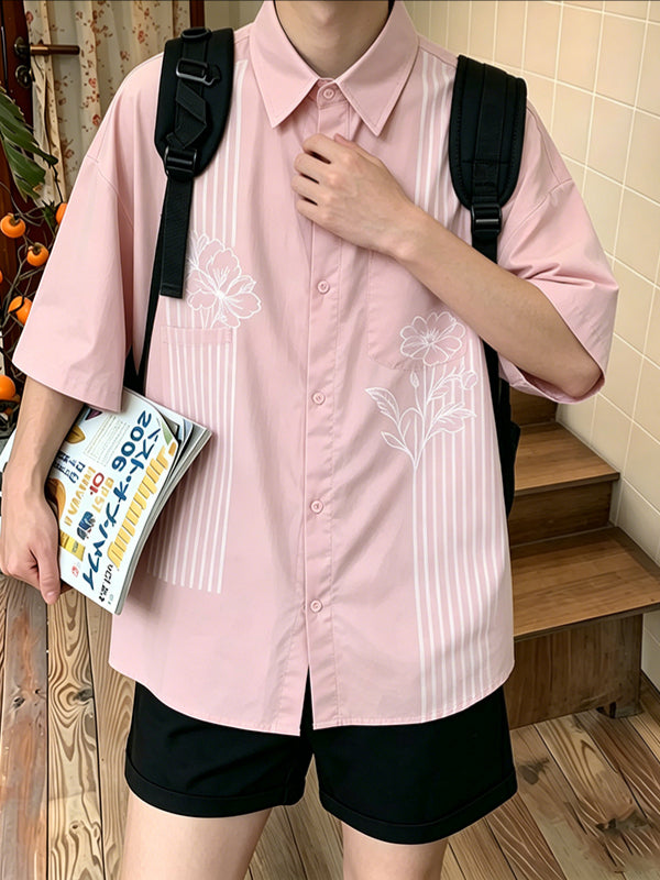 Men's Japanese Harajuku Style Clean Color-Block Vertical Stripe Floral Print Short Sleeve Shirt SKUL72759