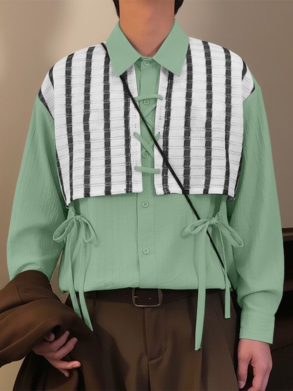 Men's Color Block Patchwork Tie Long Sleeve Shirt SKUL39394