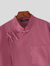 Men's Solid Color Frog Button Stand Collar Half Sleeve Shirt SKUL57725