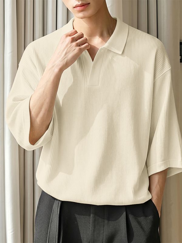 Men's Avant-Garde High-Street Deep V-Neck Ribbed Knit Polo Shirt SKUL74629