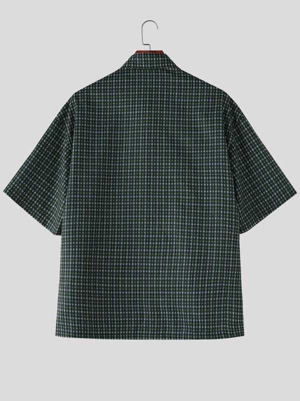 Men's Plaid Color Block Asymmetric Short Sleeve Shirt SKUL57119