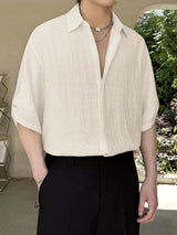 Men's Vintage Casual Textured Buttonless Half-Open Placket Short Sleeve Shirt SKUL71287