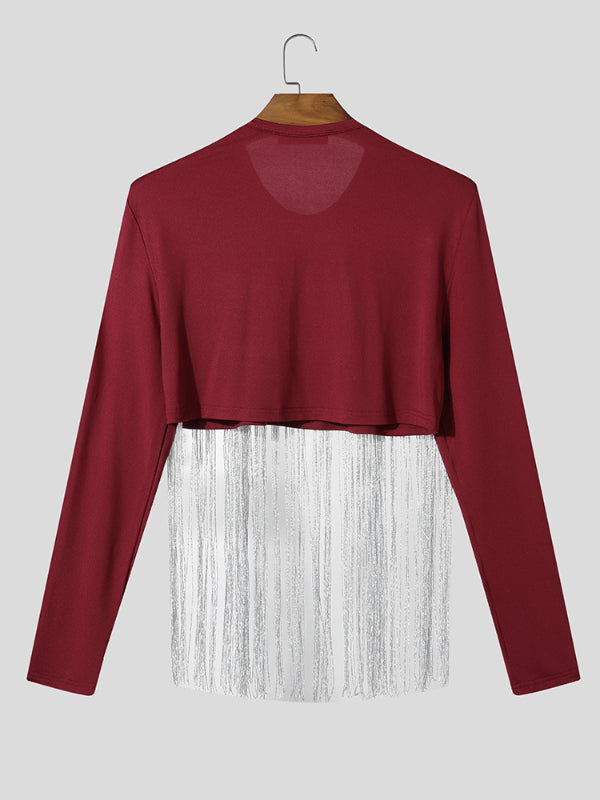 Men's Silver Tassel Patchwork Cropped Long Sleeve T-Shirt SKUL23924