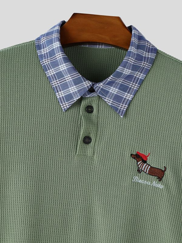 Men's Vintage Preppy Faux Twinset Contrast Plaid Collar Cute Animal Embroidered Polo Shirt SKUL68994