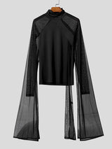 Men's Sheer Mesh Patchwork High Neck Long Sleeve T-Shirt SKUL39705