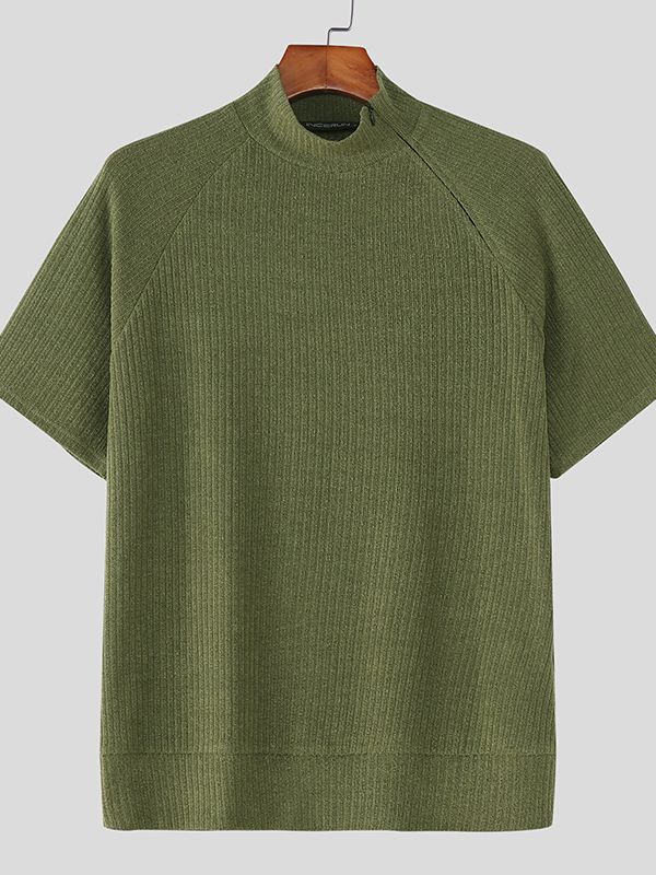 Men's Asymmetric Zipper Textured Knit Short Sleeve T-shirt SKUL48596