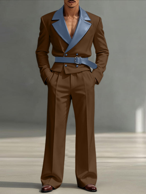 Men's Faux Leather Contrast Color Double Breasted Two Pieces Outfit SKUL47907