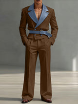 Men's Faux Leather Contrast Color Double Breasted Two Pieces Outfit SKUL47907