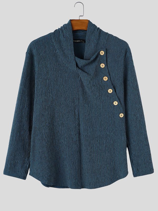 Men's Avant-Garde Early Autumn Casual Asymmetrical Side Button Vertical Stripe Long Sleeve Cowl Neck T-shirt SKUL83122