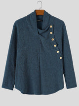 Men's Avant-Garde Early Autumn Casual Asymmetrical Side Button Vertical Stripe Long Sleeve Cowl Neck T-shirt SKUL83122
