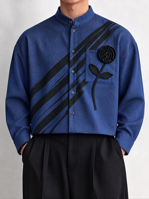 [Pre-order] Men's Neo-Chinese Chic Art Exhibition 3D Rose Flower Diagonal Brush Stripe Mandarin Collar Shirt SKUL89237