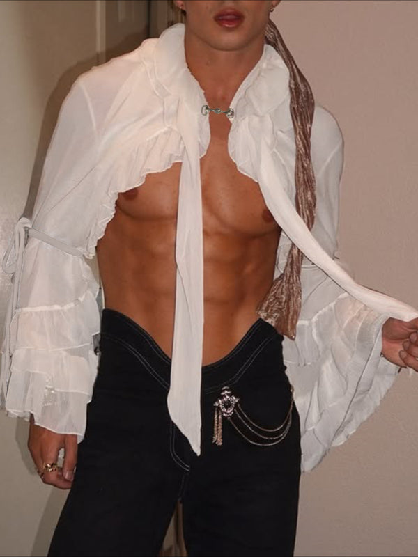 Men's Solid Color Ruffle Patchwork Cropped Cardigan SKUL43709