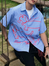 Men's Cartoon Dog Print Striped Short Sleeve Shirt SKUL26987
