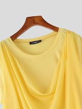 Men's Elegant Genderless Aesthetic Draped Asymmetric Fake Two Piece Chiffon T-shirt SKUL60126