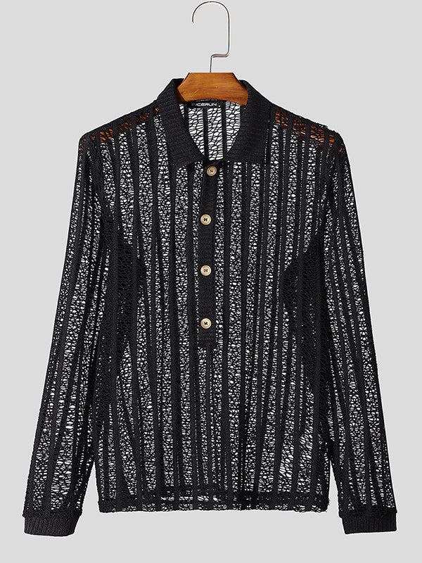 Mens Hollow Mesh See-Through Long Sleeve Shirt SKUK97834