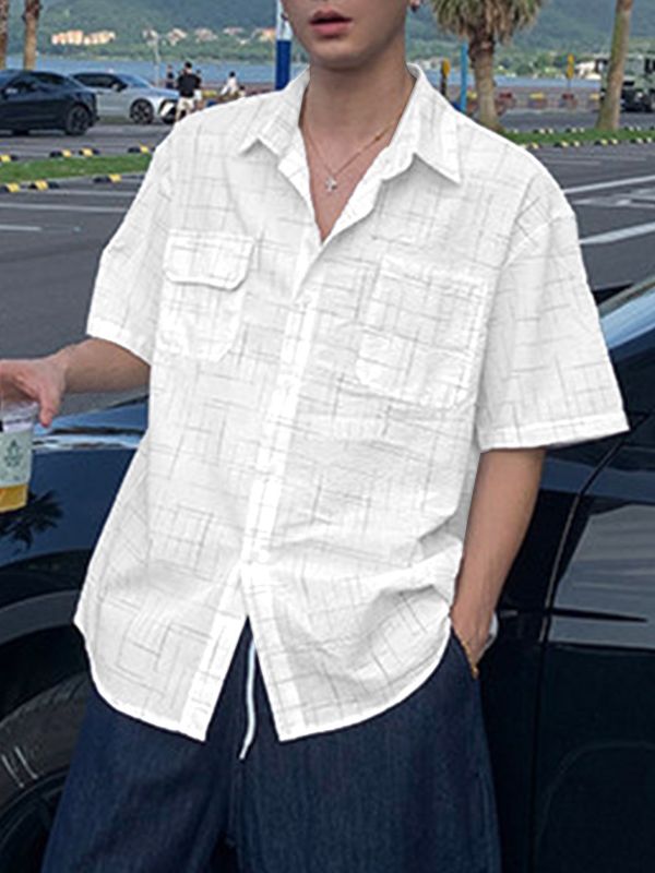 Men's Casual Distressed Grid Texture Flap Pocket Shirt SKUL63130