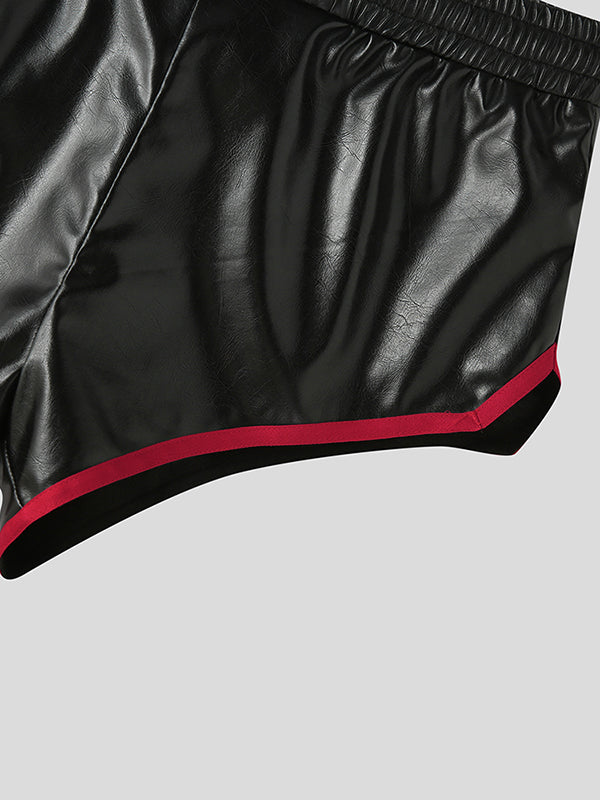 Mens Faux Leather Contrast Ribbon Patchwork Shorts SKUK11235