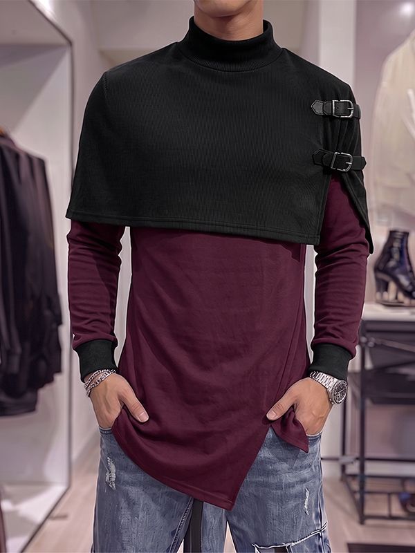 Men's Avant-Garde Buckle Strap Cape Overlay Asymmetric Hem Long Sleeve Mock Neck T-shirt SKUL82399