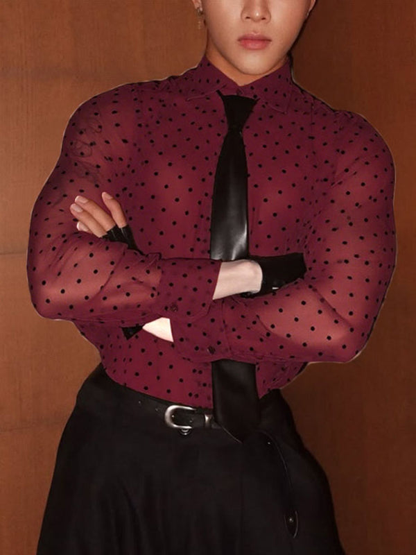 Men's Sheer Mesh Polka Dot Print Long Sleeve Shirt SKUL20217