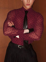 Men's Sheer Mesh Polka Dot Print Long Sleeve Shirt SKUL20217