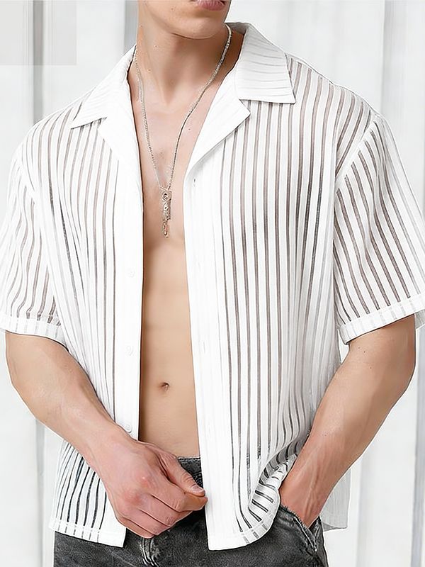 Men's Sheer Mesh Striped Short Sleeve Shirt SKUL55370