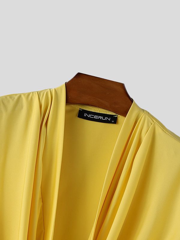 Men's Solid Color Draped Neck Cropped Short Sleeve T-shirt SKUL56615