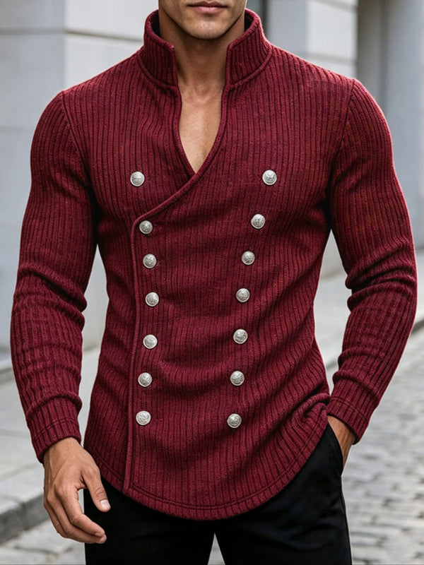 Men's Avant-Garde Early Autumn Military Button Cross Wrap Muscle Slim Long Sleeve Deep V-Neck Sweater SKUL80555