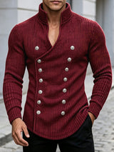 Men's Avant-Garde Early Autumn Military Button Cross Wrap Muscle Slim Long Sleeve Deep V-Neck Sweater SKUL80555