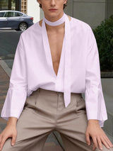 Men's Ribbon Deep V Neck Long Sleeve Shirt SKUL46568