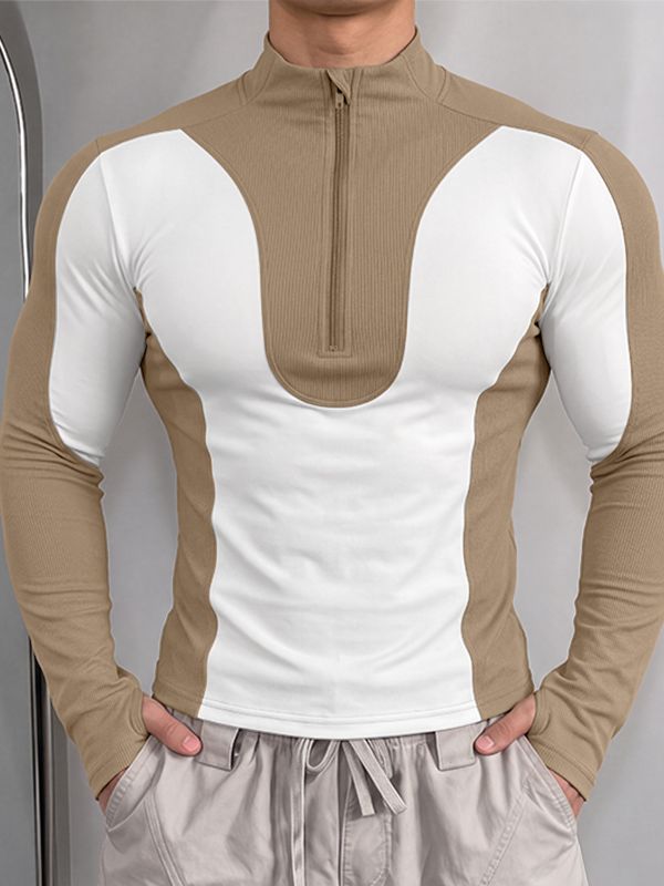 Men's Sporty Techwear Cross-Training Two-Tone Stand Collar Slim-Fit T-shirt SKUL84071