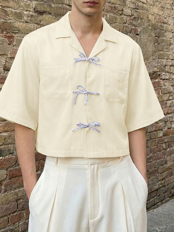 Men's Minimalist Double Pocket Bow Tie Short Sleeve Shirt SKUL58724