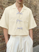 Men's Minimalist Double Pocket Bow Tie Short Sleeve Shirt SKUL58724