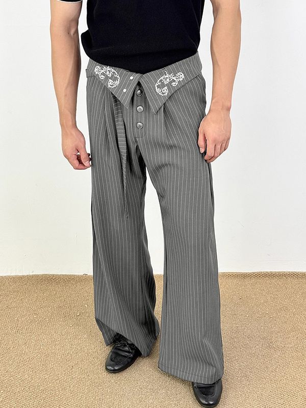 Men's Striped Embroidered Wide Leg High Waist Pant SKUL31995