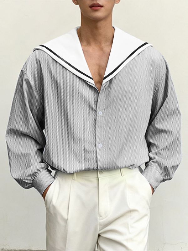 Men's Striped Sailor Collar Long Sleeve Shirt SKUL46537