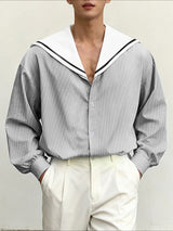Men's Striped Sailor Collar Long Sleeve Shirt SKUL46537