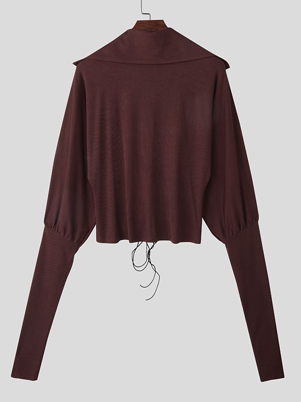 Men's Solid Color Textured Drawstring Long Sleeve Shirt SKUL42338