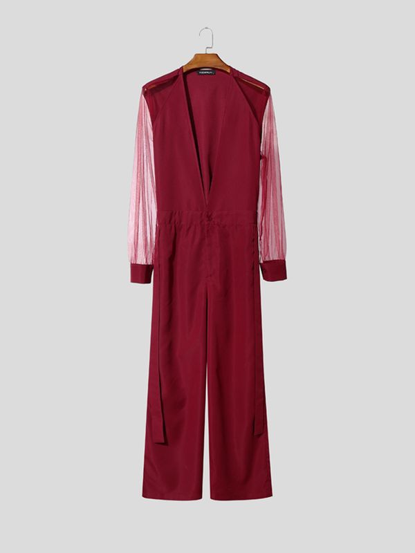 Men's Ribbon Design Sheer Mesh Long Sleeve Jumpsuit SKUL53285