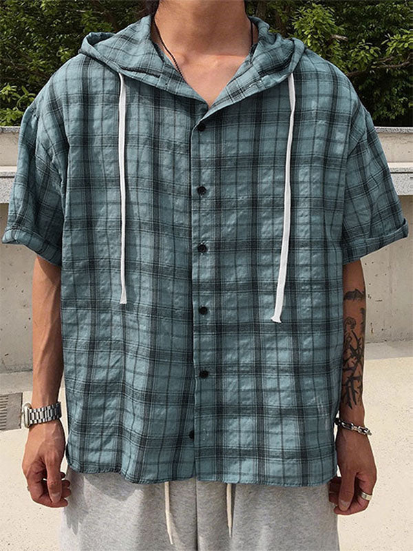 Mens Plaid Hooded Short Sleeve Shirt SKUL21113