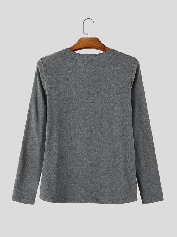 Men's Korean Minimalist City Date Asymmetric Fold-Over Collar Slim-Fit T-shirt SKUL84569