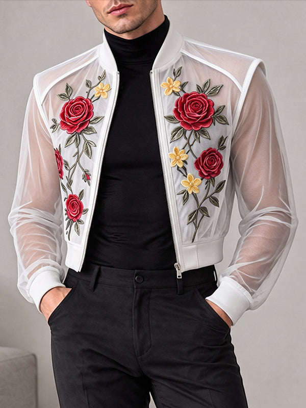[Pre-order] Men's Avant-Garde Nightclub Party Rose Floral Embroidered Sheer Mesh Cropped Bomber Jacket SKUL89247