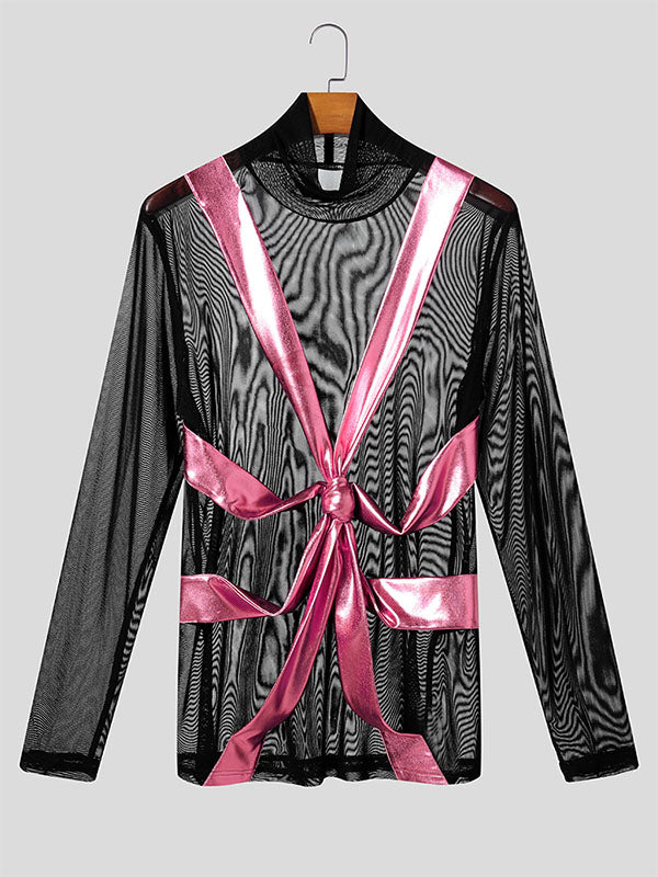 Men's Shimmer Knotted Sheer Mesh Long Sleeve T-Shirt SKUL24572