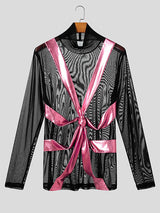 Men's Shimmer Knotted Sheer Mesh Long Sleeve T-Shirt SKUL24572