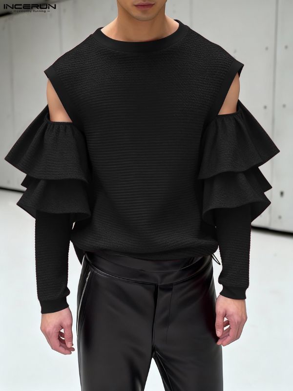 Men's Cutout Design Ruffle Long Sleeve T-shirt SKUL46571